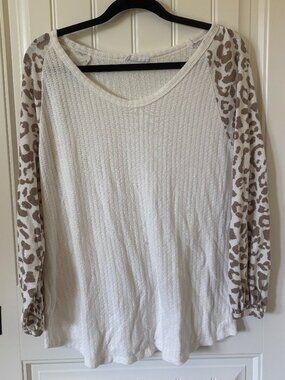 First Love Waffle Knit Long Sleeve Top Leopard Sleeves Fits L